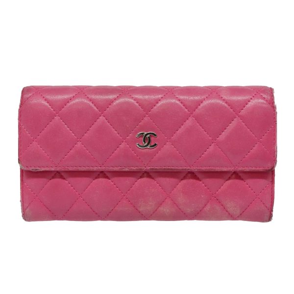 CHANEL Matelasse Long Wallet Lamb Skin Pink CC  yk15105 For Sale