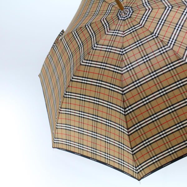 BURBERRY Nova Check Umbrella Nylon Wood Brown Black RedNew yk7568B For Sale