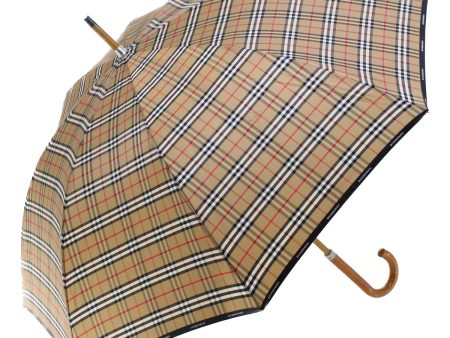 BURBERRY Nova Check Umbrella Nylon Wood Brown Black RedNew yk7568B For Sale