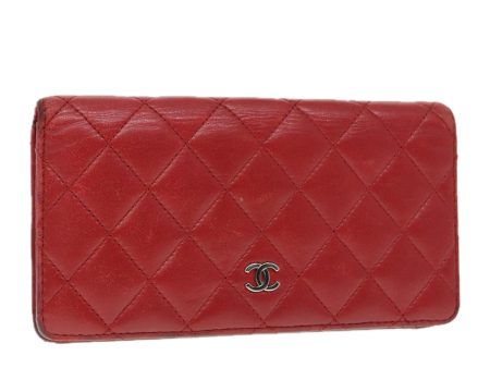 CHANEL Matelasse Wallet Lamb Skin Red Silver CC  90620 Discount