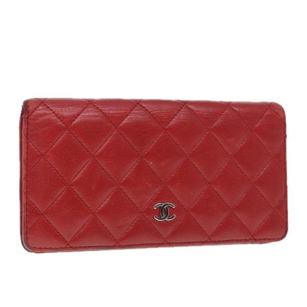 CHANEL Matelasse Wallet Lamb Skin Red Silver CC  90620 Discount