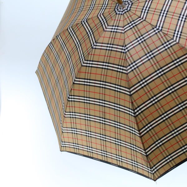 BURBERRY Nova Check Umbrella Nylon Wood Brown Black RedNew yk7568B For Sale