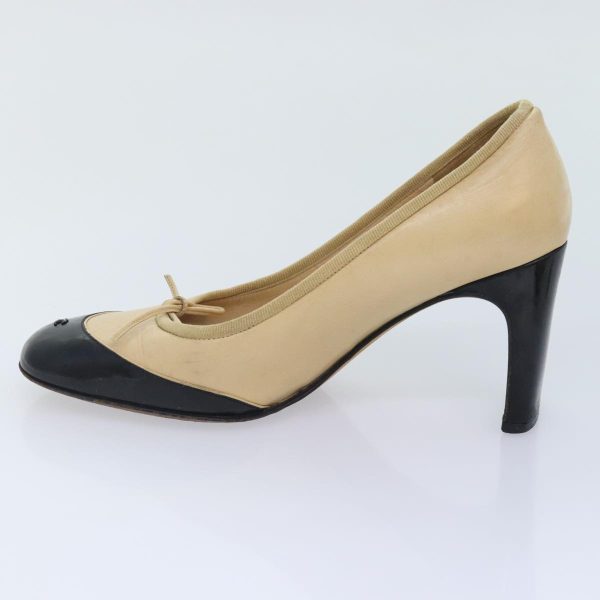 CHANEL pumps High heels Leather 35C Beige Black CC  am6896 Cheap