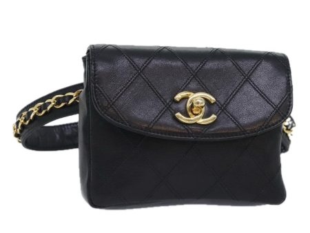 CHANEL Bicolore Chain Waist bag Leather Black Gold CC  90785A Fashion