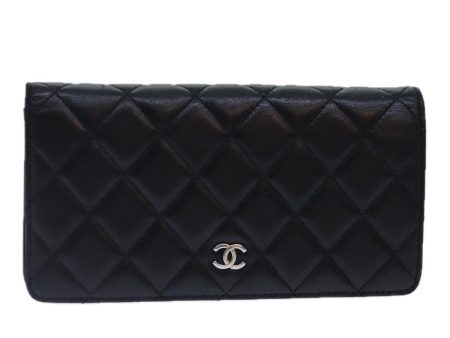 CHANEL Matelasse Long Wallet Lamb Skin Black Silver CC  yk14488 Online now