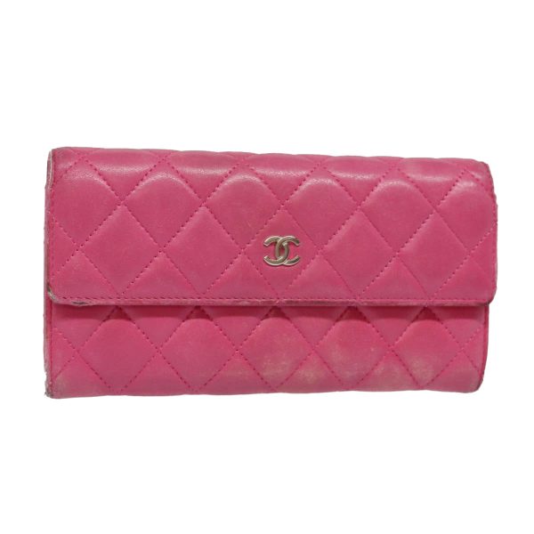 CHANEL Matelasse Long Wallet Lamb Skin Pink CC  yk15105 For Sale