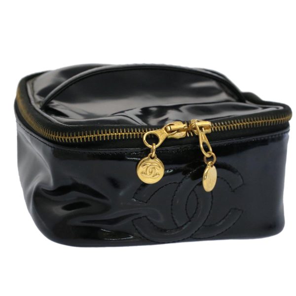 CHANEL Vanity Cosmetic Pouch Patent leather Black CC  yb378 Discount