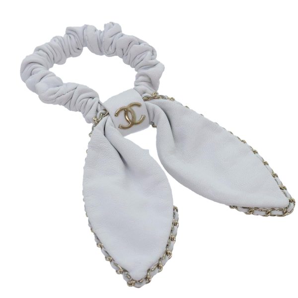 CHANEL COCO Mark Scrunchie Hair clip Lamb Skin White CC  yk14744 on Sale