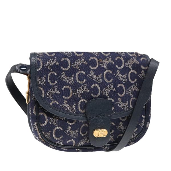 CELINE C Sulky Shoulder Bag Canvas Navy Gold 92075 Fashion