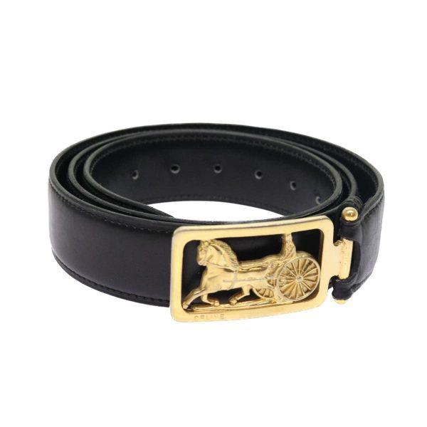 CELINE Horse Carriage Belt Leather 35.4  -37.8   Black Gold 54945 on Sale