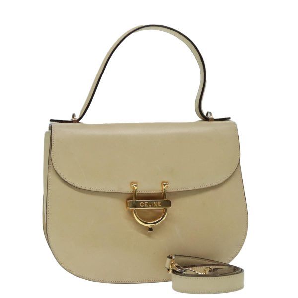 CELINE Hand Bag Leather 2way Gold Beige 92148 Cheap