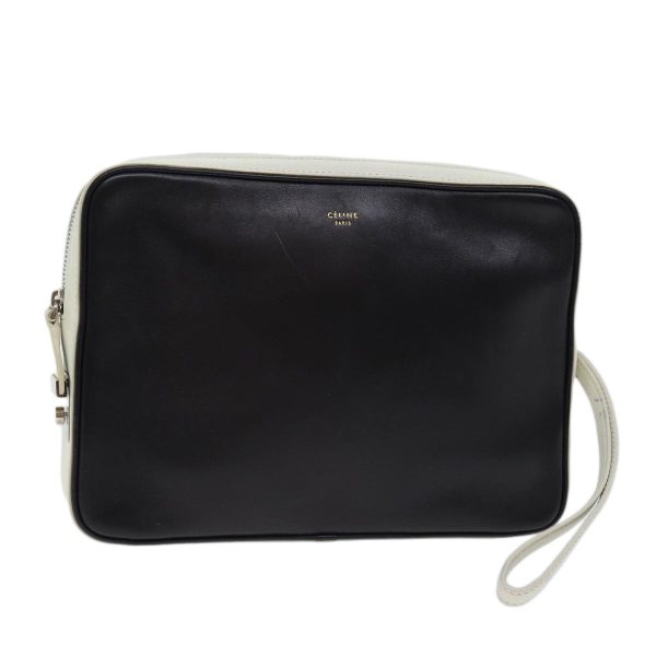 CELINE Clutch Bag Leather Black White 72088 Online now