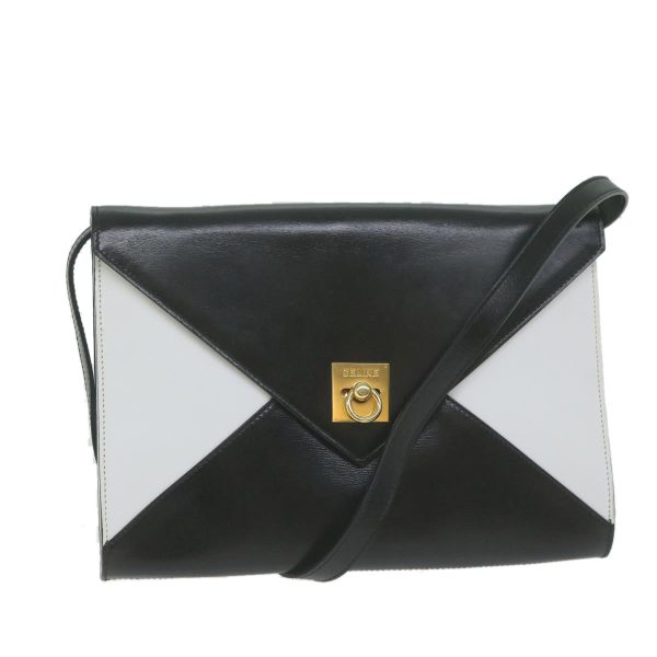 CELINE Clutch Bag Leather 2way White Black 65641 Fashion